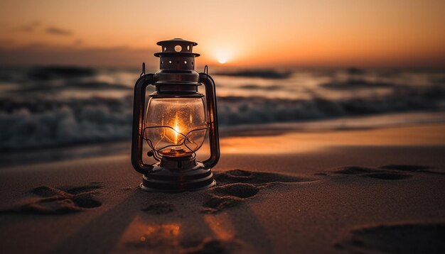 Foto gratuita la lanterna incandescente illumina la tranquilla spiaggia al tramonto generata dall'intelligenza artificiale