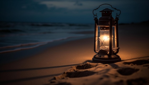 Free photo glowing lantern illuminates tranquil coastline at dusk generated by ai