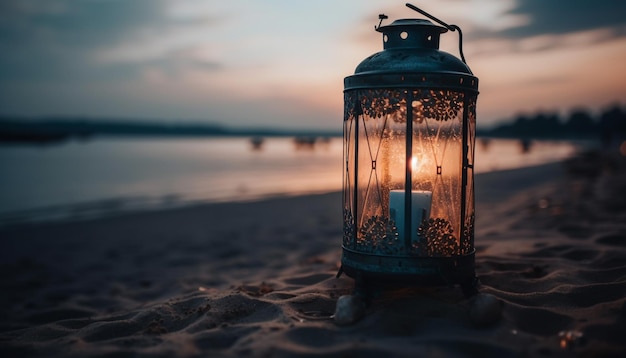 Free photo glowing lantern illuminates tranquil summer sunset scene generated by ai