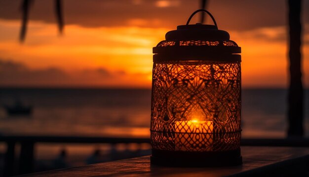 Free photo glowing lantern illuminates tranquil summer twilight scene generated by ai