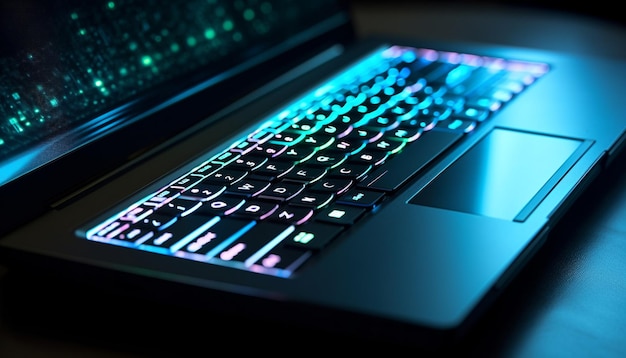 Glowing laptop communicates globally on digital display generated by AI