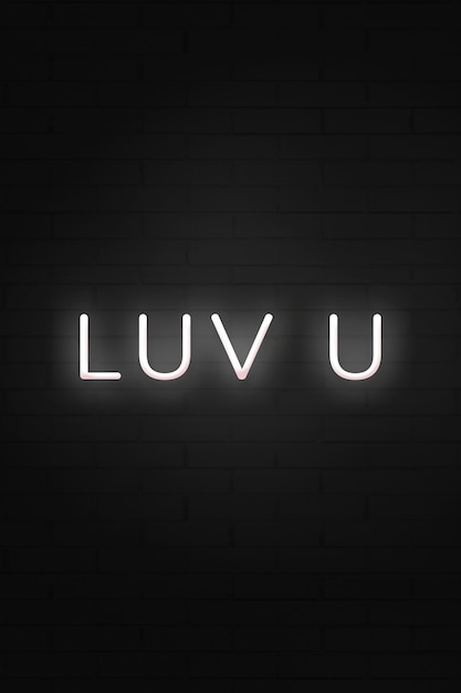 Glowing luv u neon typography on a black background