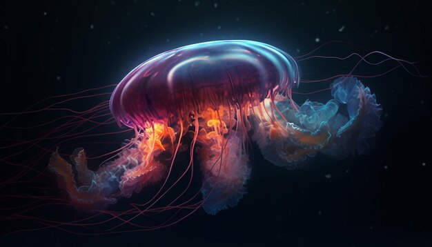 Светящаяся медуза парит в глубоком синем море, созданном искусственным интеллектом