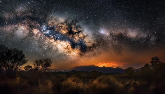 Glowing Milky Way illuminates majestic mountain landscape generated by AI