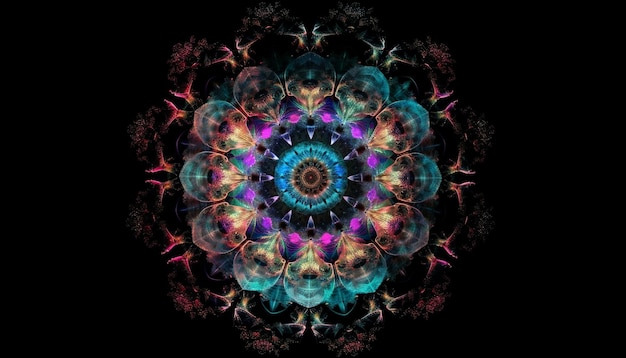 Foto gratuita il mandala moderno e luminoso simboleggia la spiritualità nello spazio generato dall'intelligenza artificiale