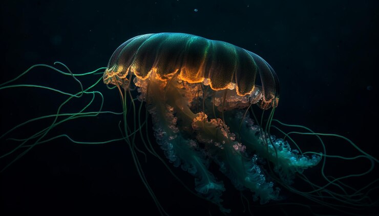 Free Photo glowing moon jellyfish levitate in dark water generative ai