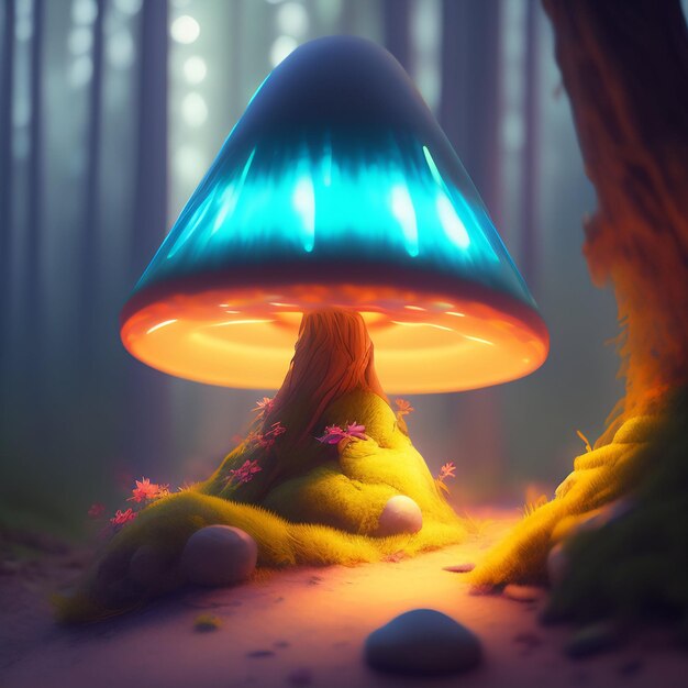A glowing mushroom lamp with a blue light on it