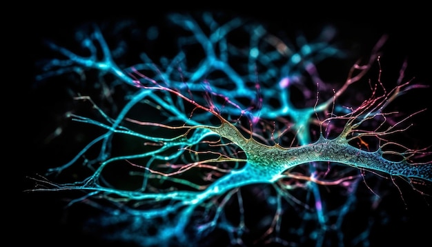 Glowing nerve cells communicate through synaptic connections generated by AI