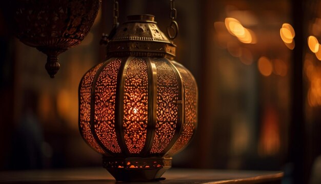 Glowing old fashioned lantern illuminates elegant Ramadan decor generated by AI