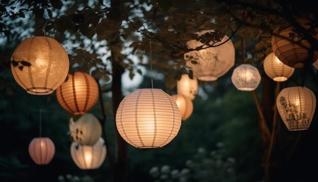 Glowing paper lanterns illuminate the winter night generated by AI