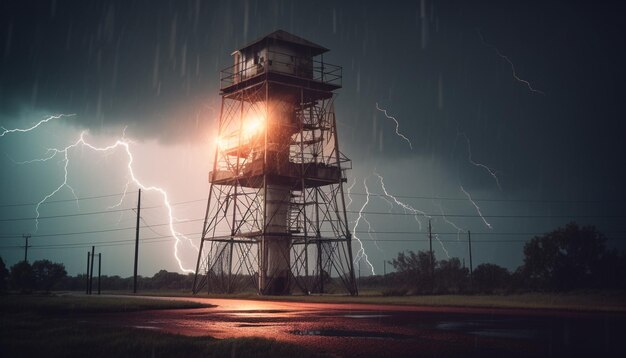 Glowing power lines illuminate dangerous thunderstorm night generated by AI