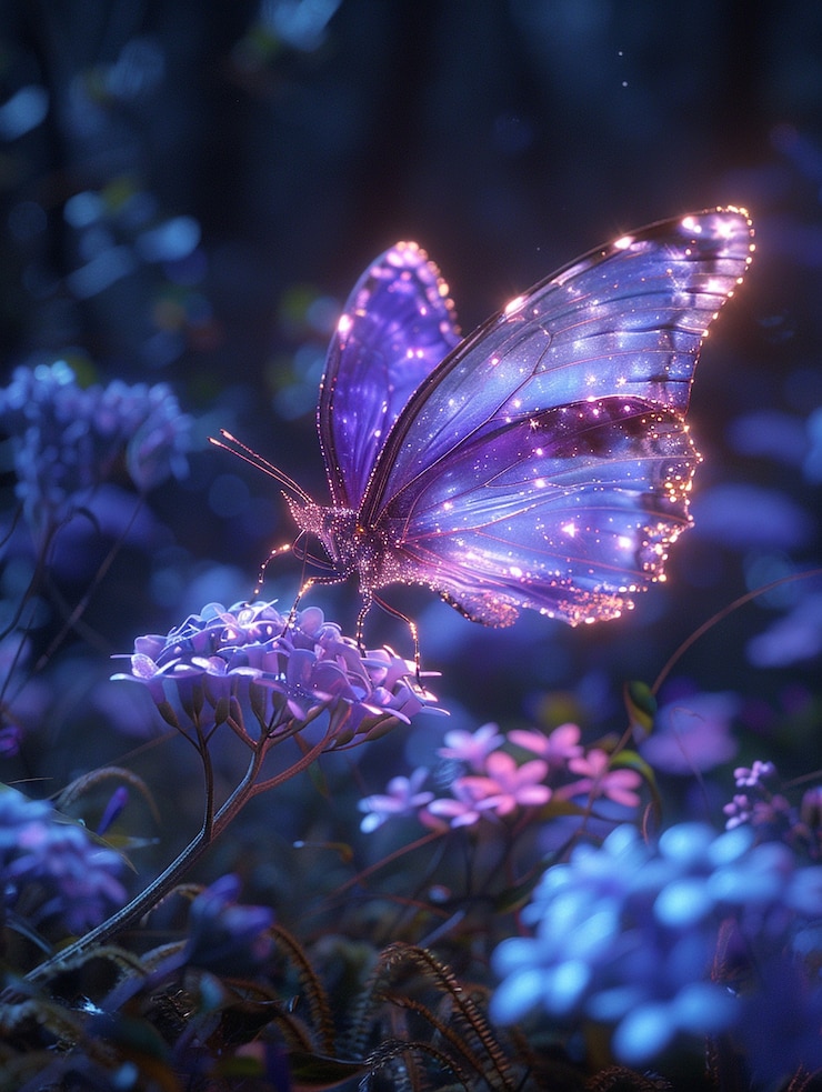 Free Photo glowing purple 3d butterfly