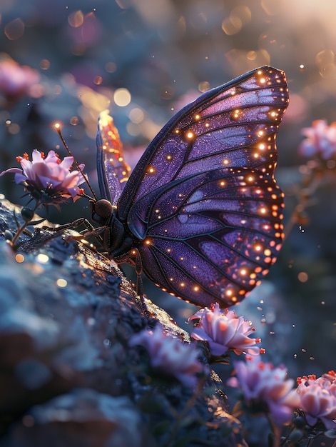 Free photo glowing purple 3d butterfly