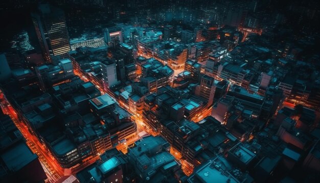 Glowing skyscrapers illuminate the crowded city streets below generated by AI