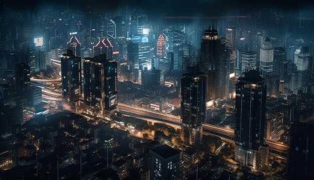 빛나는 고층 건물은 AI가 생성한 아래의 어두운 도시 거리를 비춥니다.