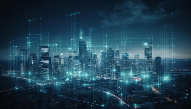 AI によって生成された夜の未来的な街並みを光る超高層ビルが照らす