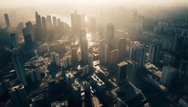 Светящиеся небоскребы освещают горизонт современного города, созданный искусственным интеллектом