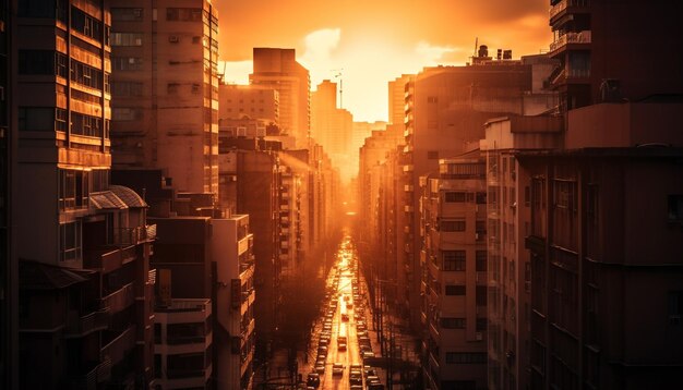 Glowing skyscrapers illuminate the modern city skyline generated by AI