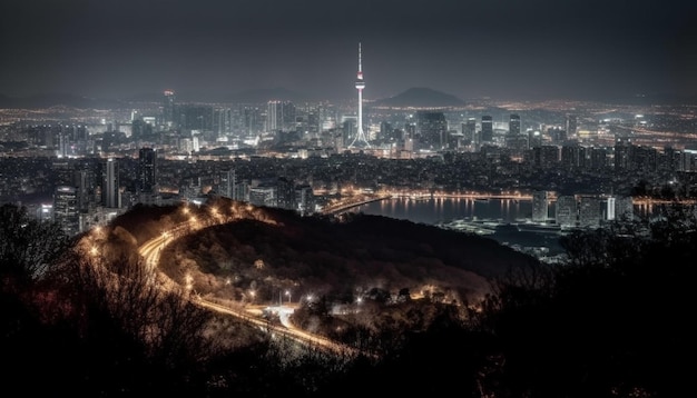 Free photo glowing skyscrapers illuminate the modern city skyline generated by ai