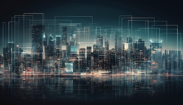 Glowing skyscrapers shape the modern cityscape backdrop generated by AI