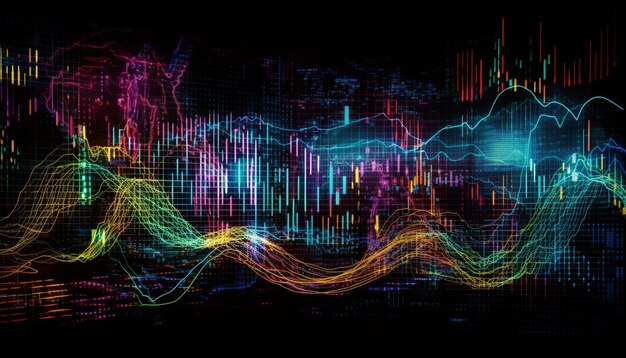 AIによって生成された現代テクノロジーを照らす光る波模様