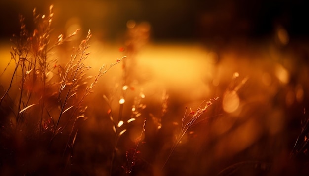 AIによって生成された鮮やかな夕日の光に照らされた輝く野の花