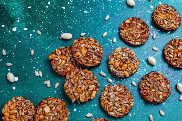 Gluten free nut candied cookies with chocolate,peanut and sunflower seeds,top view