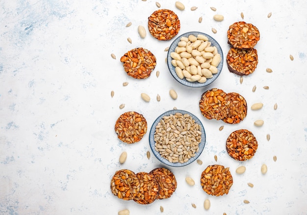 Gluten free nut candied cookies with chocolate,peanut and sunflower seeds,top view