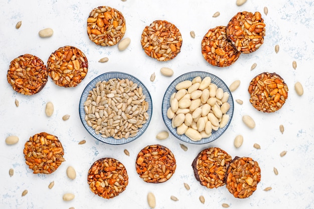 Gluten free nut candied cookies with chocolate,peanut and sunflower seeds,top view