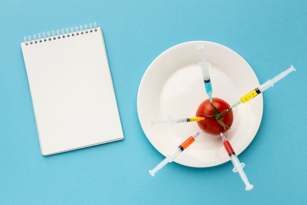 Free photo gmo modified tomato filled with syringes