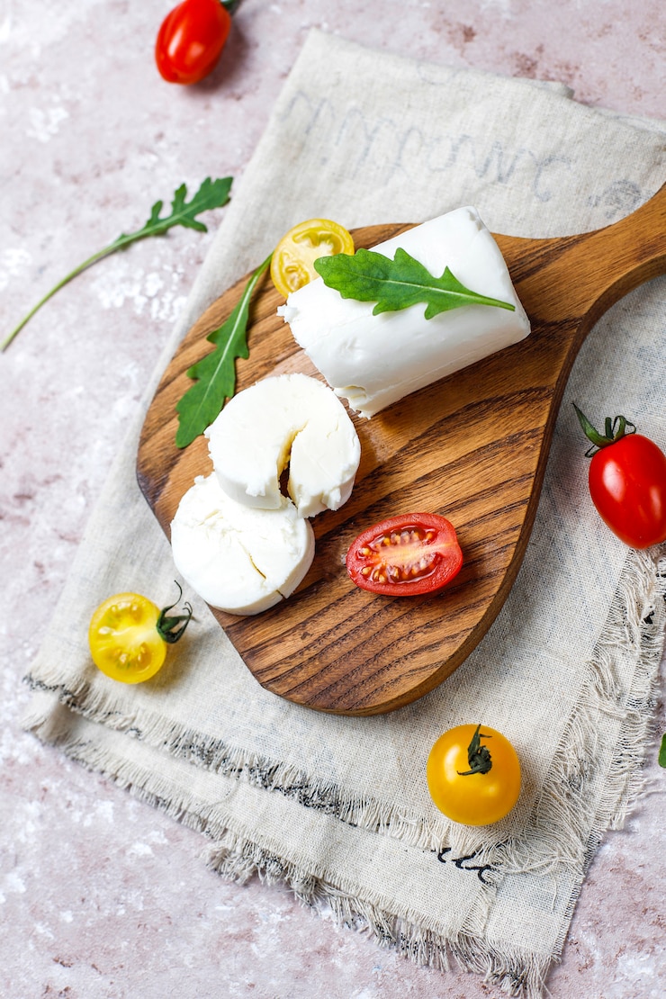 Бесплатный Фотография кусочки козьего сыра на деревянной доске с рукколой, помидорами черри. готовы есть.