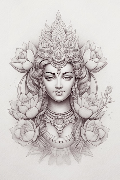 Free photo goddess lakshmi pencil sketch on paper