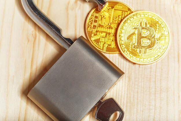 Foto gratuita bitcoin d'oro e lucchetto