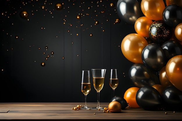 Free photo gold and black balloons with champagne on the table