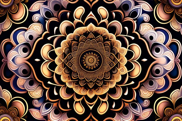 A gold and black mandala with a circle in the center.