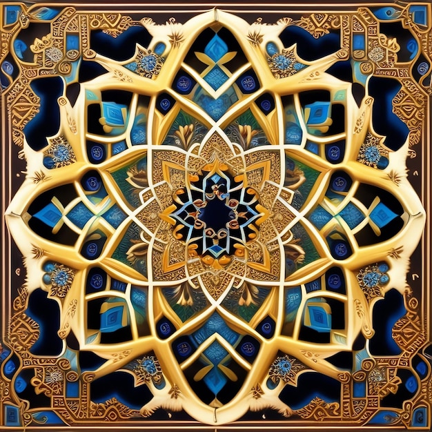 A gold and blue tile with a design that says'gold and blue'on it