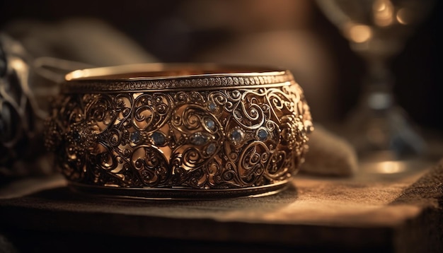 Free photo a gold bracelet sits on a table in a dark room.