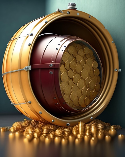 A gold bucket with gold coins on the bottom
