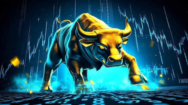 Gold bull on backgrounds of graphics and elements related to the financial sector