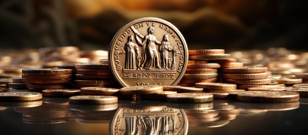 Free photo gold coin with the image of a group of people in the background