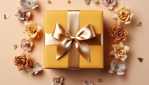 인공지능 에 의해 생성 된 아름다운 꽃 장식 을 가진 금색 선물 상자