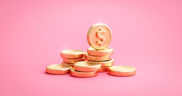 비즈니스 금융 통화 화폐 및 투자 저축 은행 현금 또는 예금 이익 경제 금융의 금 달러 동전은 성장 황금 경제 부 예산과 함께 분홍색 개념 3d 배경입니다.
