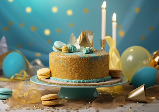 Gold elements for birthday party and cake