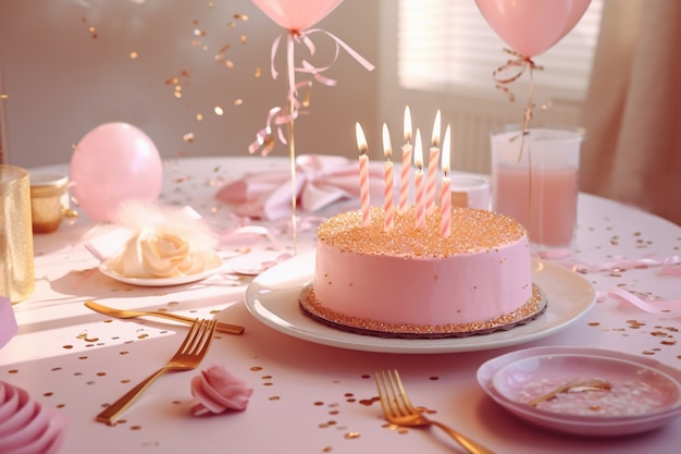 Foto gratuita elementi in oro per festa di compleanno e torta