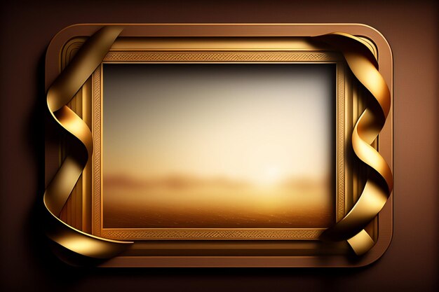 A gold frame with a sunset in the background