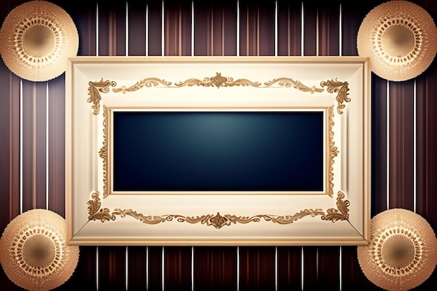 A gold frame on a wooden wall with a dark brown background.