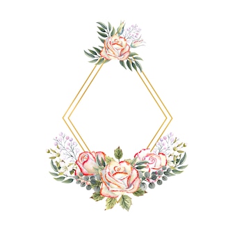 Gold geometric frame with a bouquet of white roses with leaves, decorative twigs and berries on a white isolated background. watercolor illustration for logos, invitations, greeting cards, etc.