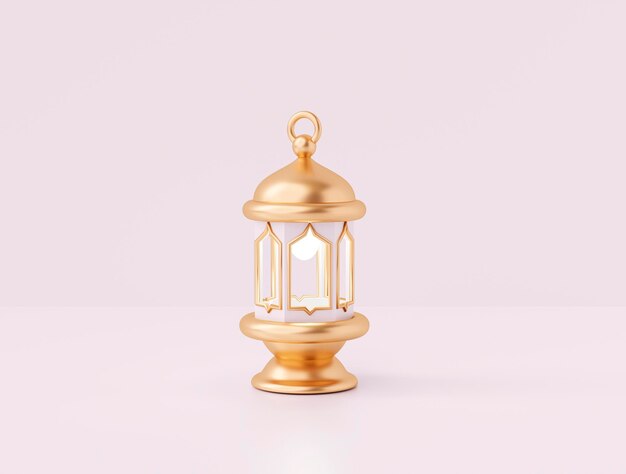 Gold lantern element decoration Islamic Ramadan Kareem greeting on yellow background 3D illustration