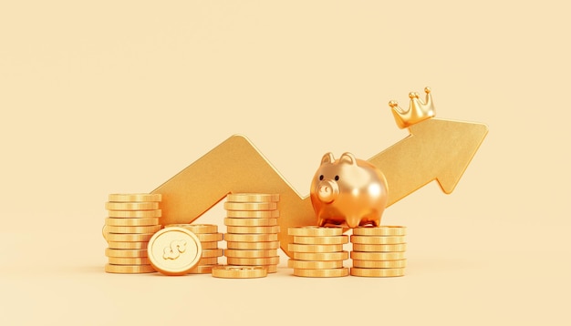 Gold piggy bank with gold coin money stacks and growing arrow business and finance savings investment concept background 3D illustration