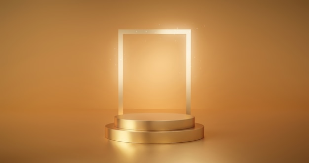 Gold podium product advertising stage background platform or empty luxury pedestal exhibition scene and blank template design stand on golden presentation studio display backdrop showcase. 3d render.